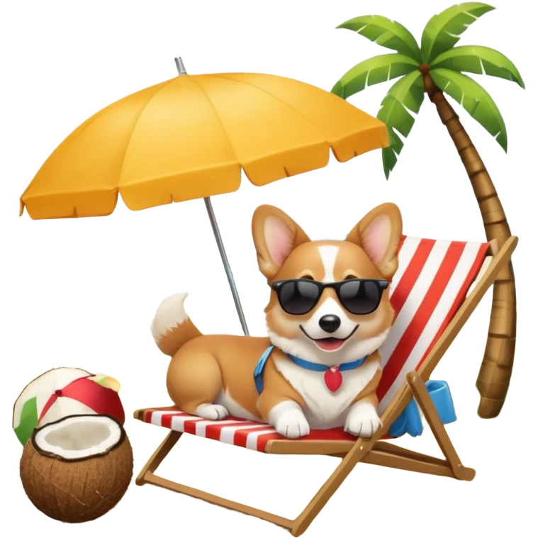 a corgi dog laied on a beach chair, a sunny beach, a sun umbrella, and beach coconut trees. the icon should capture the essence of a relaxing beach vacation with a carefree atmosphere emoji