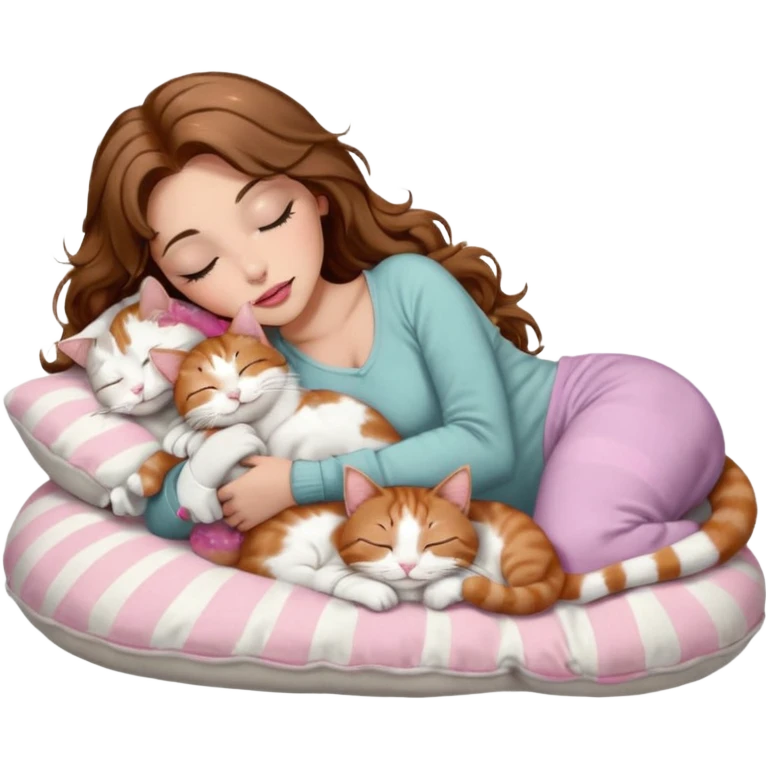 girl with long wavy brown hair, brown eyes, long lashes makeup, sexy pink lips, light to medium complexion,  sleeping on a cozy pillow, with 6 cats: 1 brown and white tabby cat, 1 ginger and white, 2 grey and white, 1 grey with white mittens and small white patch on chest and 1 calico, sleeping emoji