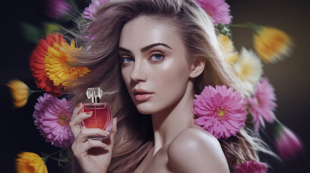 Motion blur Extreme Closeup photo of a beautifull woman holding perfume around beautifull colorfull flowers, cinematic light, 8K, very detailed, sharp, depth (foreground, midground, background) emoji
