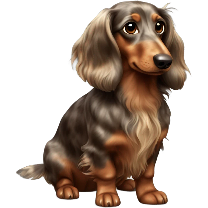 Longhaired Brown merle dachs with gold eyes and Brown nose in full body  emoji
