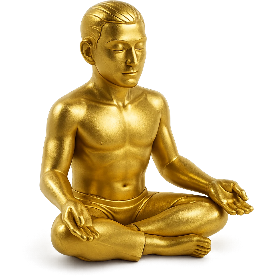 stylized gold figure of a man meditating in the lotus position, hands resting on knees, gold objects style emoji