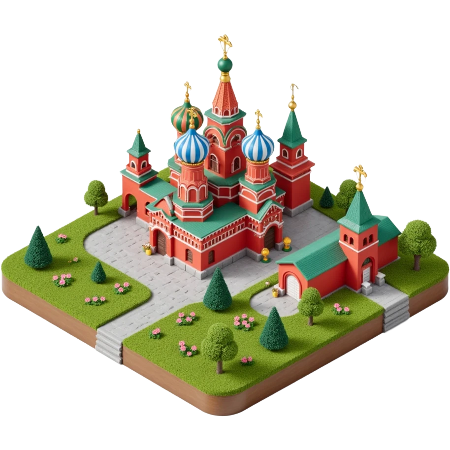 Isometric miniature 3D city with iconic landmarks of Moscow, colorful stylized buildings, cartoon realism emoji