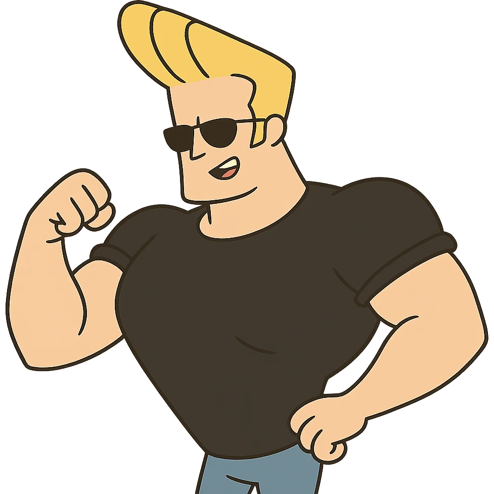 johnny bravo cartoon character, muscular man with blonde hair, wearing sunglasses and a black t-shirt, cartoon style emoji
