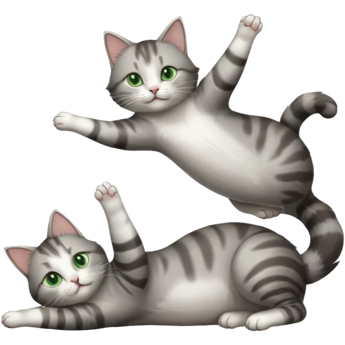 grey and white cat with green eyes doing a big extremely long stretch reaching up into the air with arms and legs side by side together straight and overextended whilst lying on its side emoji