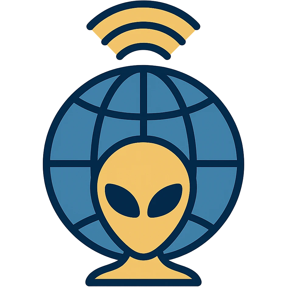 symbolic intelligence agency emblem for the search for extraterrestrial intelligence, featuring a globe, radio signals, and a minimalist alien silhouette, in navy and gold emoji