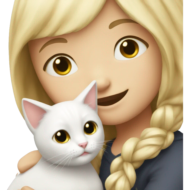 A girl with blonde hair hugs a white cat emoji