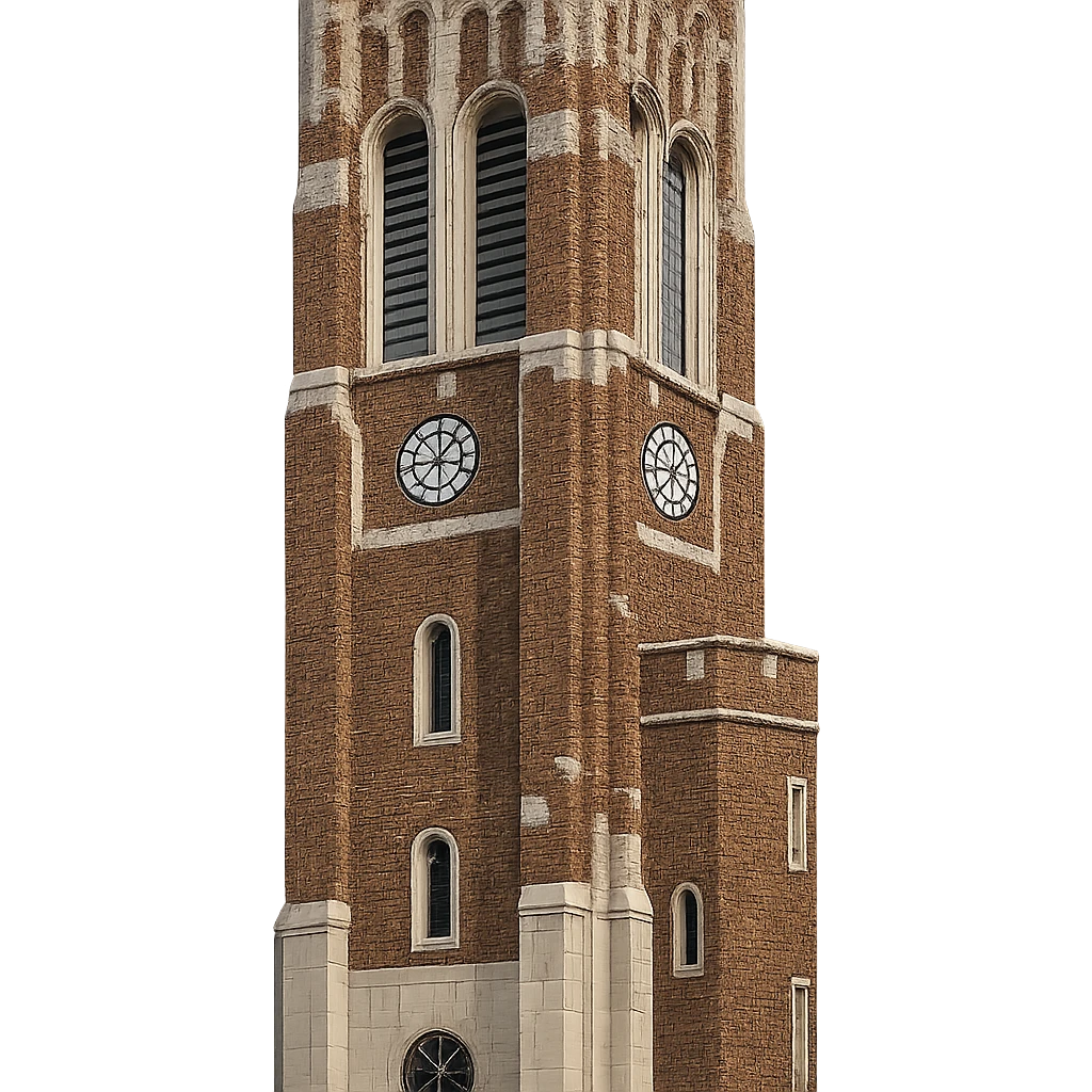 Adjust the color of Beaumont Tower at Michigan State University to remove the yellow hue from the red brick and white stone, keeping everything else exactly the same, with a transparent background. emoji