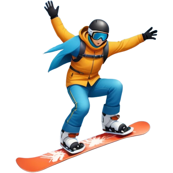 An icon showing a snowboarder performing an exciting jump on a snow-covered slope. The background features towering mountains, snow-covered trees, and a bright, clear sky. Transparent background highlights the speed, agility, and thrill of snowboarding. emoji