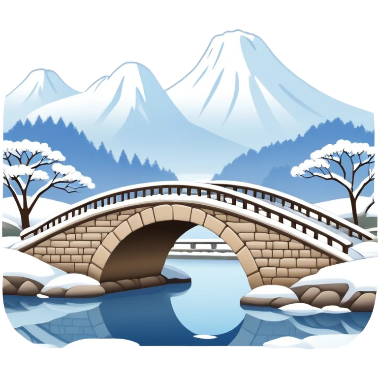 Remnant Snow on the Broken Bridge in Winter, West Lake Hangzhou, simplified emoji style with bold outlines, arch bridge with snow, water below emoji