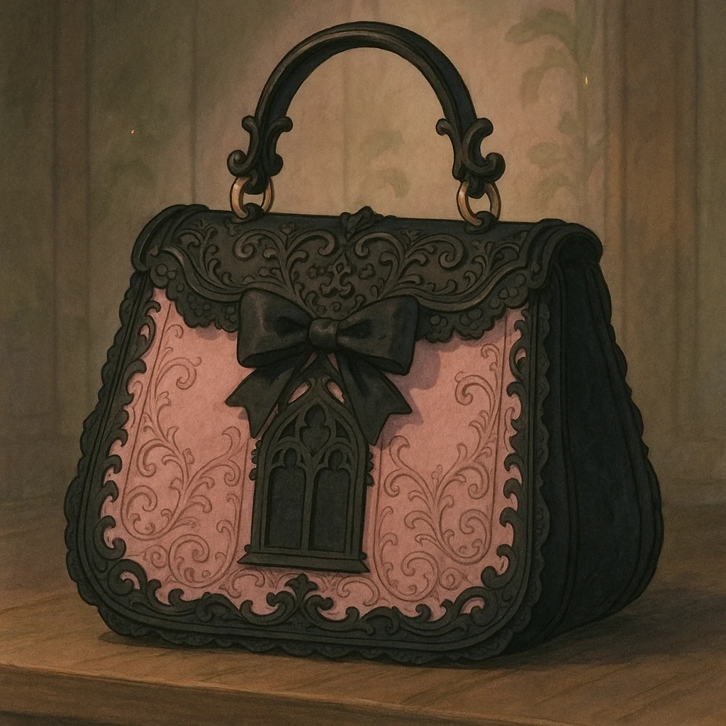 pink and black gothic purse, ornate details, lace, elegant, whimsical, soft lighting emoji