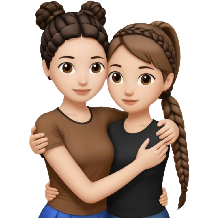 Hug two white skin women, one shorter woman with medium brown simple top ponytail, not braided, and one taller woman with a single long black side braid emoji