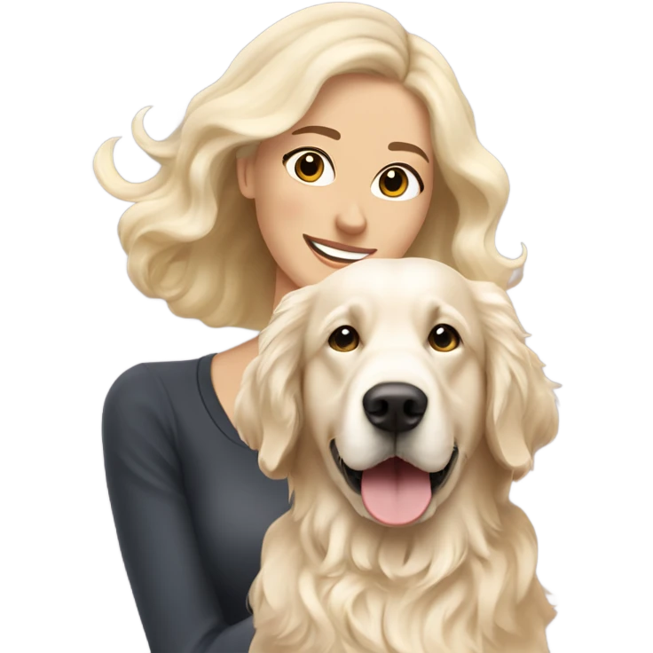 Long bouncy blow dry dark brown haired woman and her English cream golden retriever curly haired dog emoji