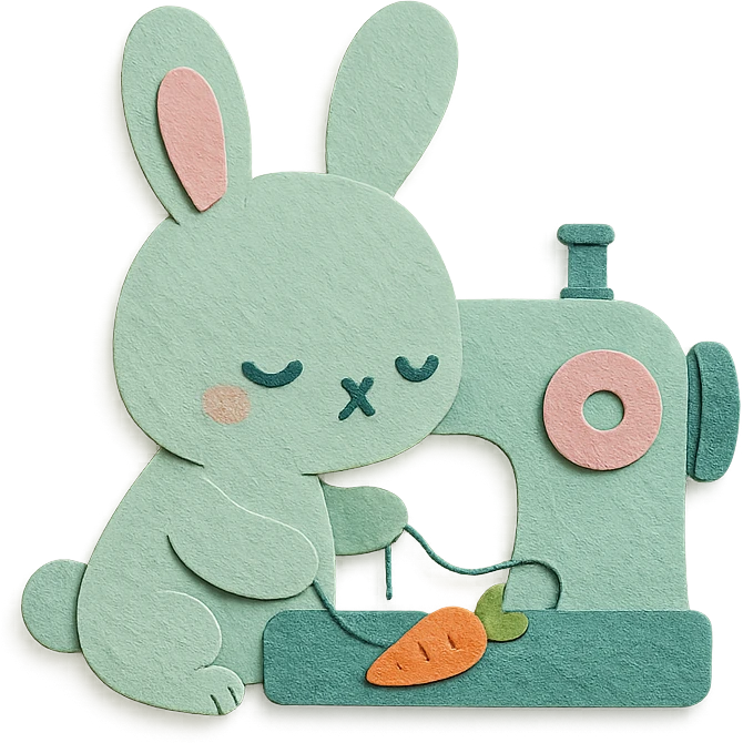 chibi sewing machine-rabbit hybrid, fluffy, stitching a tiny carrot pattern, soft mint pastel, full-body emoji