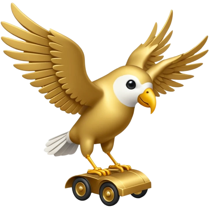 Un petit oiseau mécanique doré avec des ailes délicates et des rouages visibles. Il porte des parchemins enroulés attachés à ses pattes fines, survolant une ville en contrebas. emoji