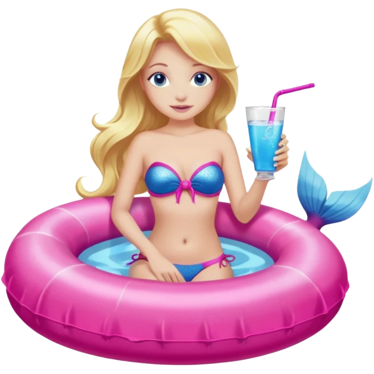 woman with blonde hair and blue eyes sitting in a pink pool tube in a blue pool sipping a drink wearing a pink bikini top and a pink mermaid tail  emoji