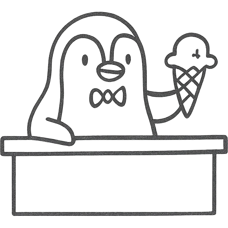 cute line drawing for coloring: a penguin serving ice cream behind a bar counter, simple line style, no fill, for children to color emoji