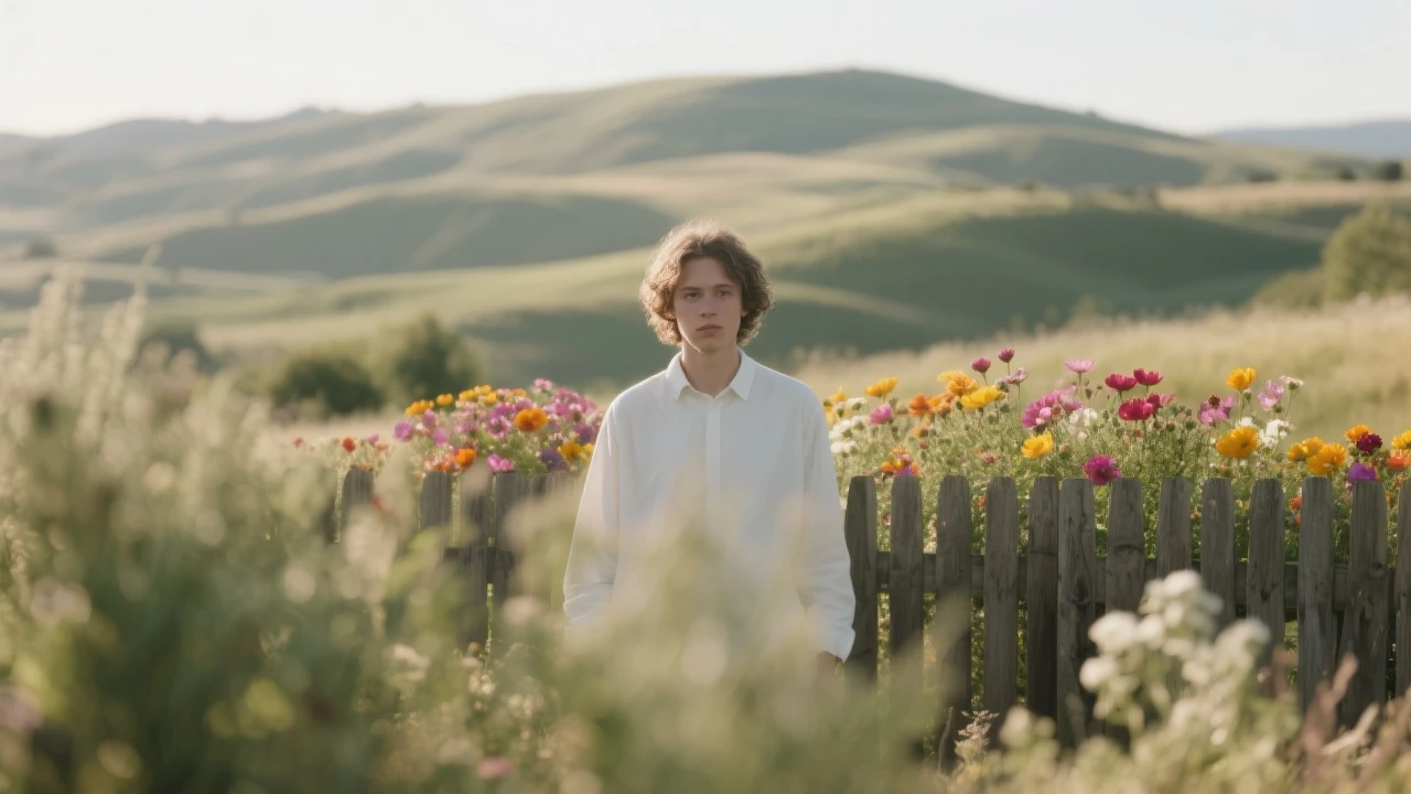 A portrait of a white person in the foreground, blurred plants in the foreground, a wooden fence and colorfull flowers in the midground, rolling hills in the background, cinematic depth of field, layered composition, natural lighting emoji