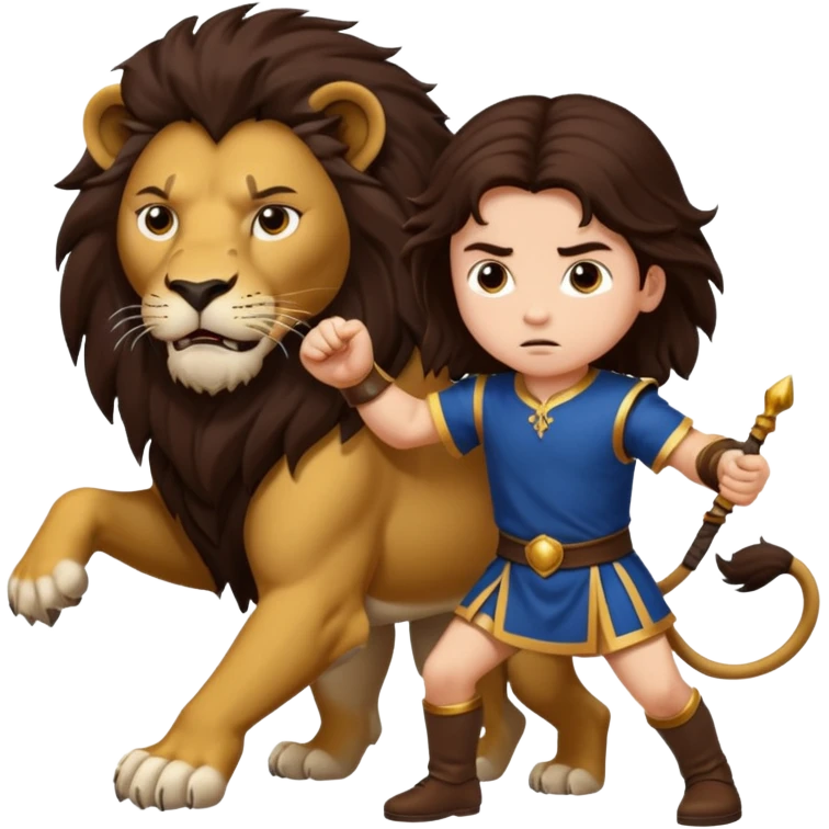 I want a royal child with dark brown long hair, fighting against a lion emoji