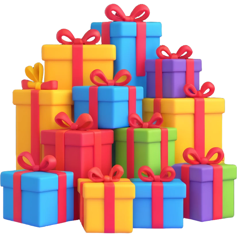 a stack of colorful presents in 3D emoji style emoji