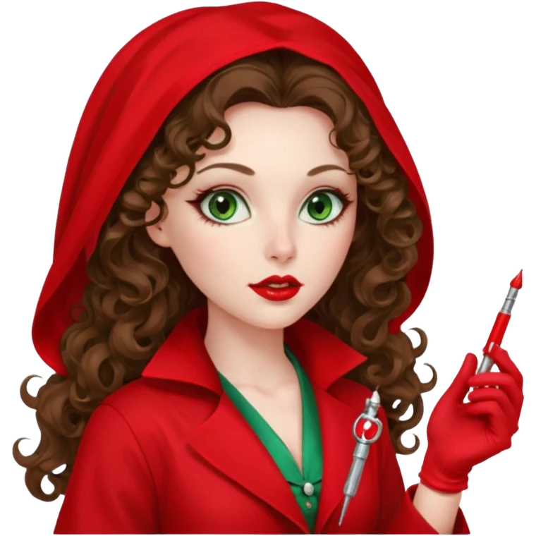Spanish sexy evil woman. She has green eyes.  had brown long curly hair.  evil surgeon kills with needle wears red sexy doctor coat with red Juliet veil on her mouth and nose to hide and wearing red gloves.  emoji