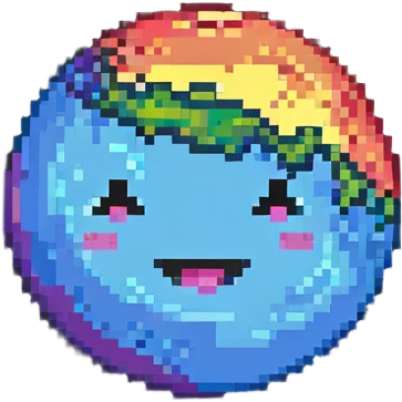 rainbow planet with colorful pixelated clouds and a happy winking face emoji