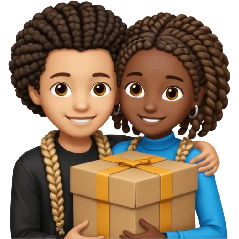 A lightskin with afro boy and dark skin girl with box braids hug emoji