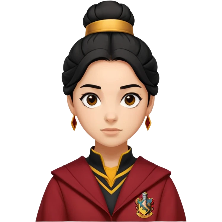 alicia spinnet in harry potter, wear hogwarts gryfindor uniform,  thick, black bun hair , reflecting her bold, stylish, and strong personality emoji