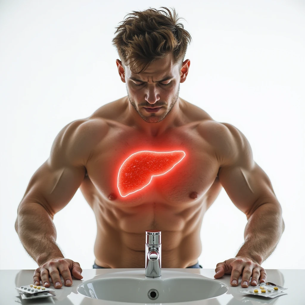muscular young man in front of mirror, blister packs of pills on sink, liver area highlighted with red halo, pained expression, realistic details, isolated on white background emoji