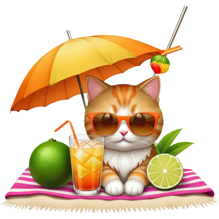 Cute cat on beach towel with a tropical mai tai drink and sunglasses emoji