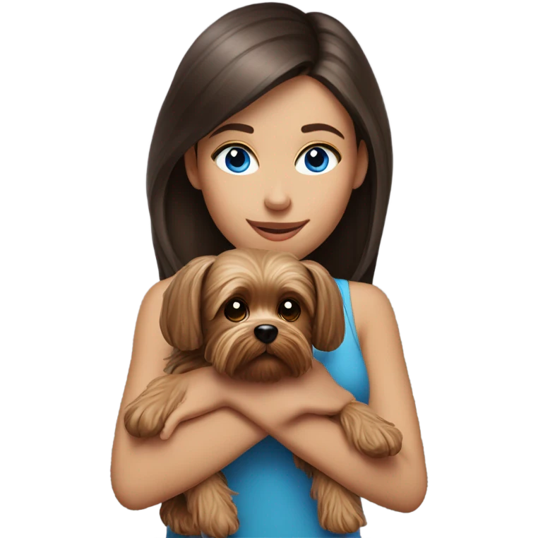 Realistic brunette girl with bright blue eyes holding Yorkshire terrier  emoji