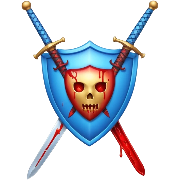 shiny vibrant blue shield with a vertical sword behind it, blood effect on the sword, apple emoji style, match the layout of the reference image emoji