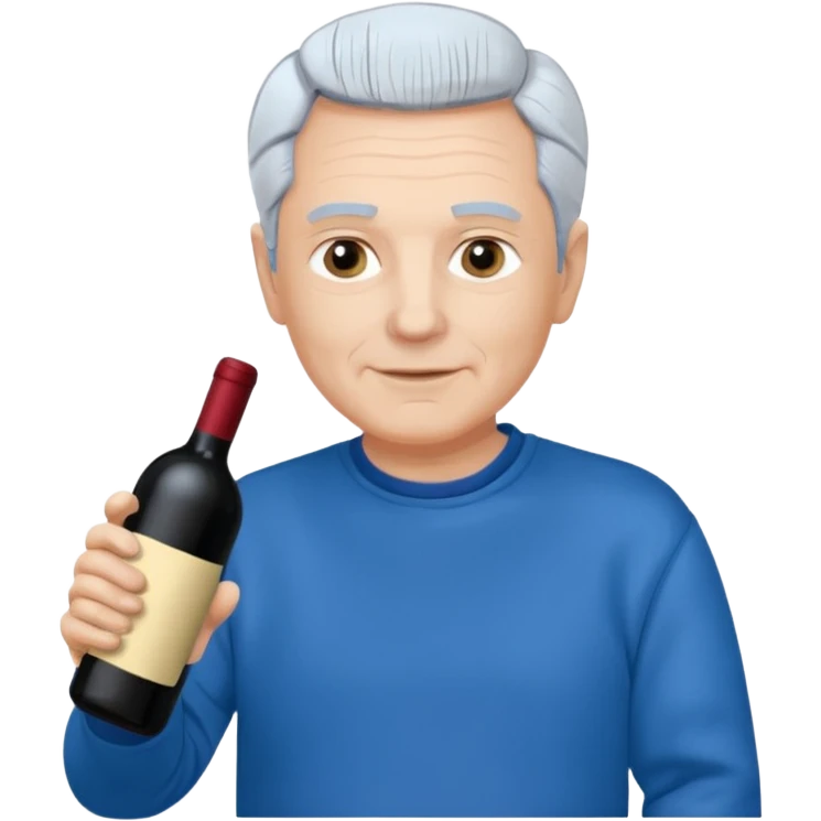 Morbidly obese older man dark grey hair with blue sweatshirt holding bottle of wine emoji