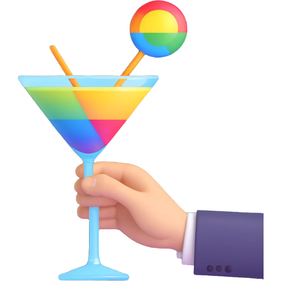 rock 'n' roll emoji hand gesture with a martini glass, rainbow colors emoji