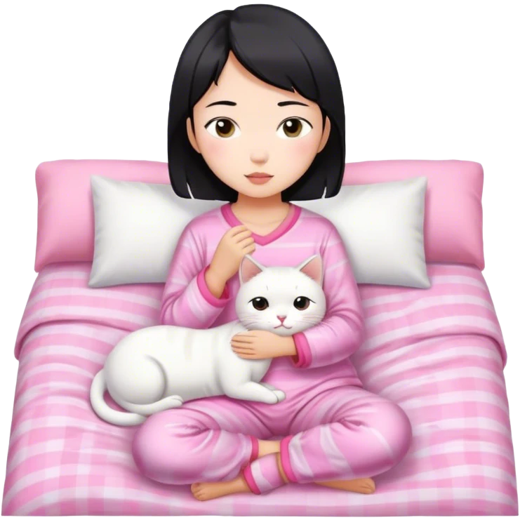 Short hair Asian girl wake up with white cat in pink pj emoji