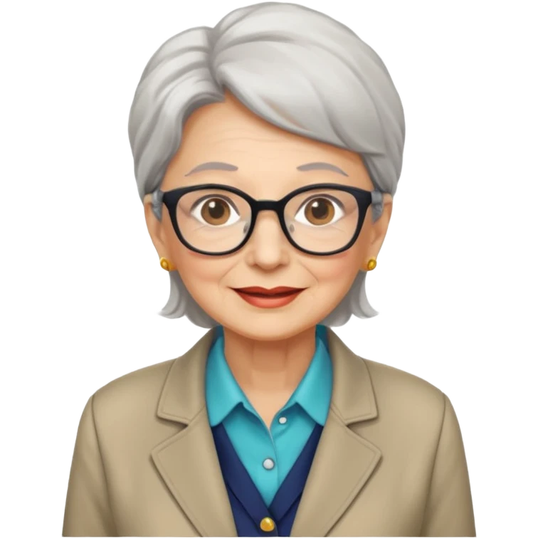 72-year-old professional woman, bright expression, wearing glasses, neat shirt and jacket emoji