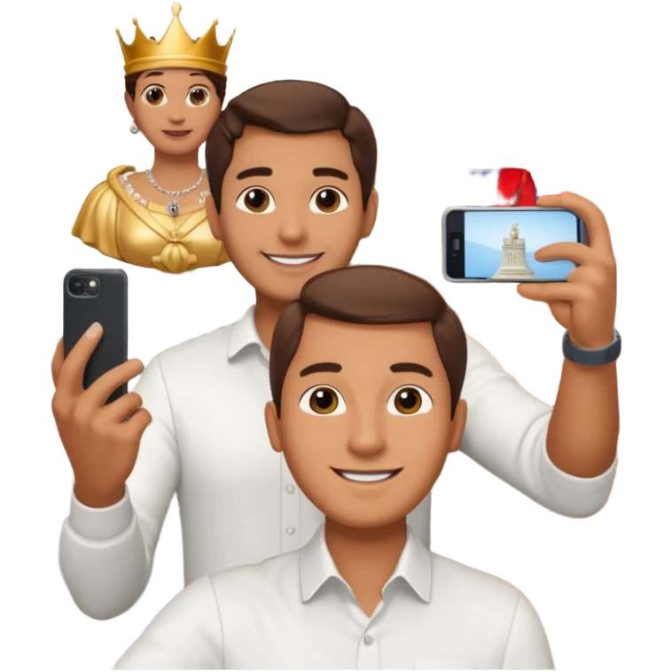 a normal man who's taking a selfie in a room with the statue of the queen elizabeth the II emoji