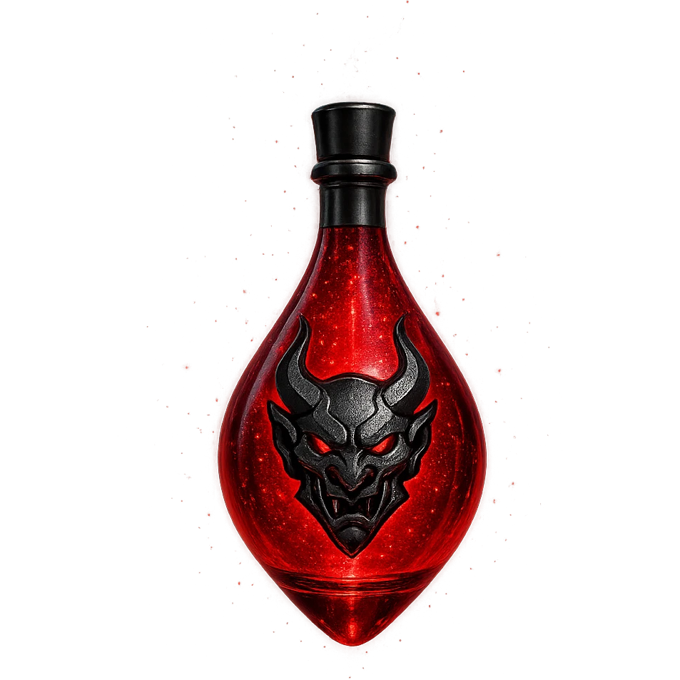 red demon drop-shaped luxurious elixir bottle, Discord edgy and cool vibe, deep red color, black and silver details, very small neck, seamless bottom, floating, no base or shadow, modern, matching a collection, extra intense magical glowing and sparkling effects, transparent background emoji