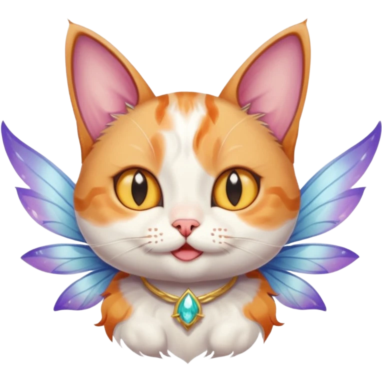 A cat with fairy wings, floating mid-air with a mischievous smirk, portrait, bust up emoji