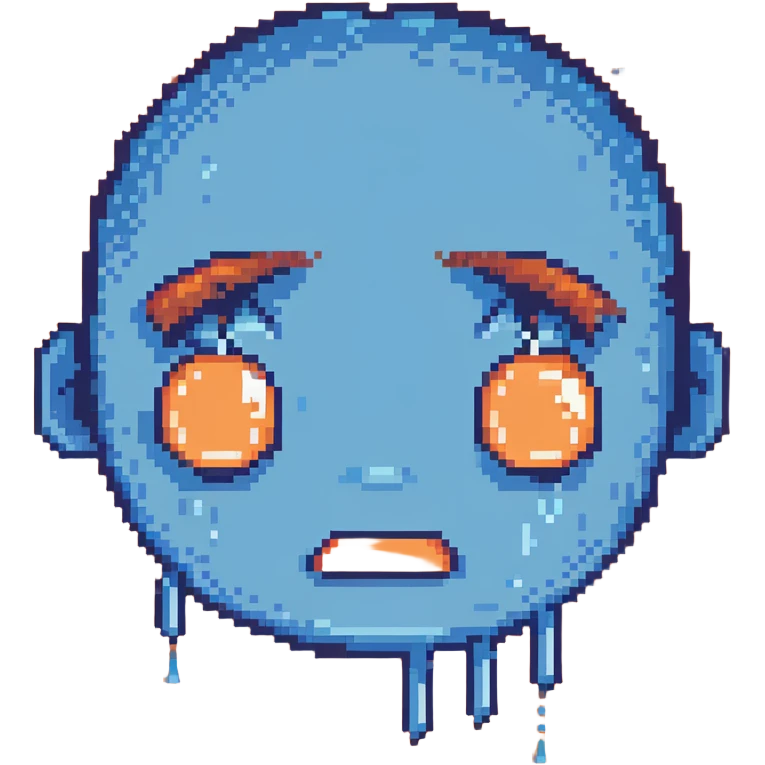 Pixelated face with blue sweat droplets, nervous expression emoji