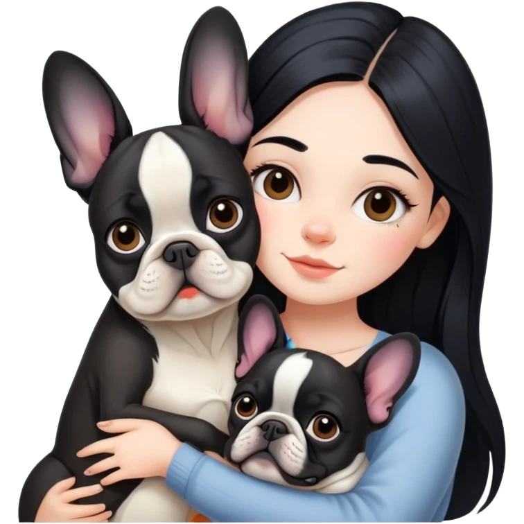 beautiful girl with long black hair hugs a French bulldog emoji