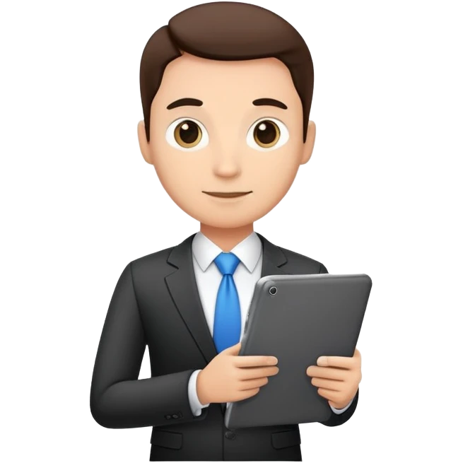 ceo executive confidently, holding a digital tablet or folder, wears smart business attire emoji