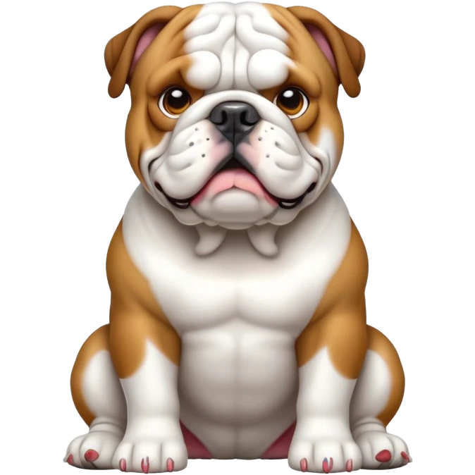 cinematic-[english bulldog]-realistic-full-body-sitting-emoji,-tail-resting-loosely-beside-its-paws,-head-tilted-dramatically,-sleek-[solid white]-fur,-simplified-yet-realistic-focused-features,-highly-detailed,-glowing-with-an-almost-sarcastic-glow emoji