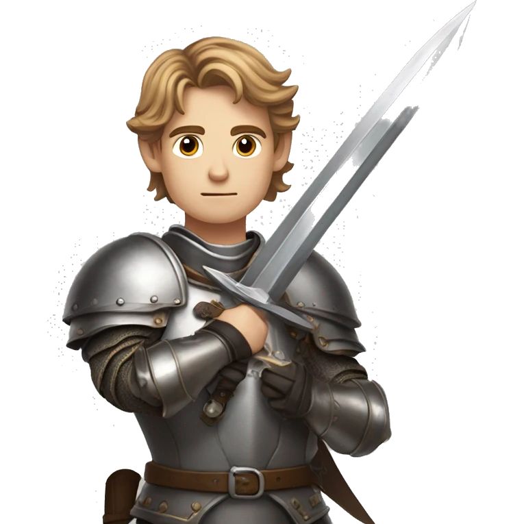 A young man with light brown hair and gray eyes, in chivalrous armor, fantasy, looks seriously, holds a sword in his hands emoji