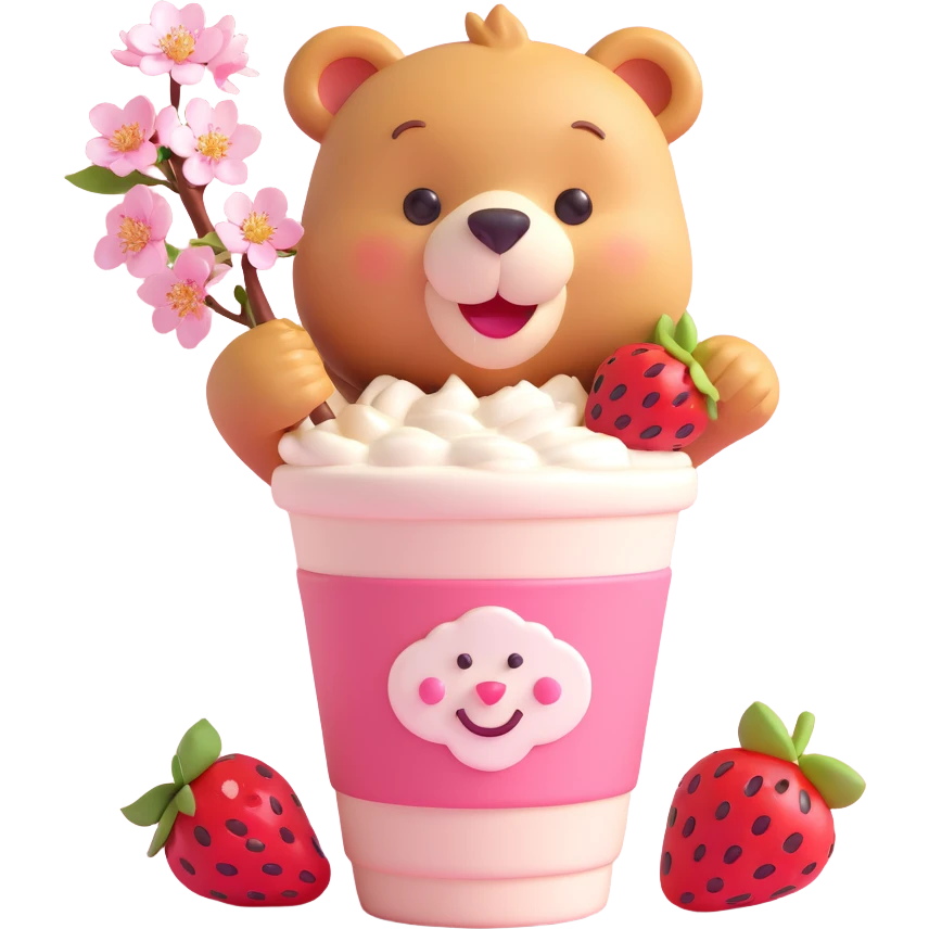 pastel 3D iOS style milkshake cup with a straw, smiling bear peeking out, two strawberries, cherry blossom flowers, soft shadows, minimal look emoji