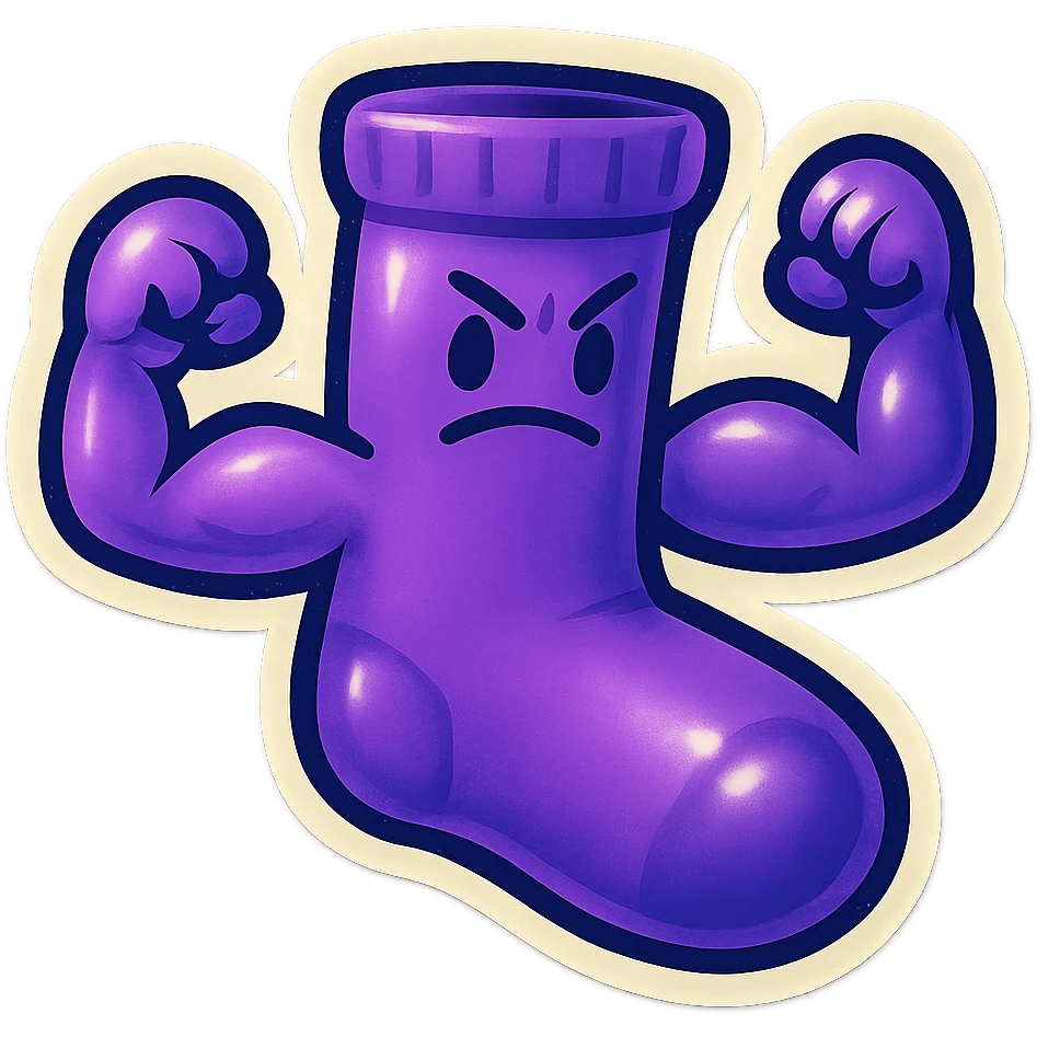 A purple sock with a determined face, flexing its arms, representing a clutch moment or victory. emoji