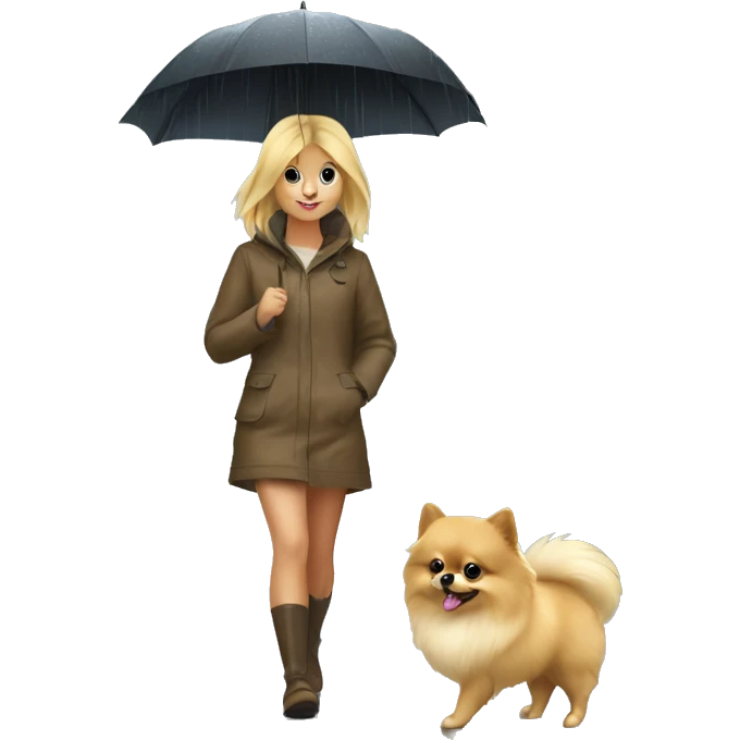 Blonde girl walking tiny pomeranian under the rain emoji