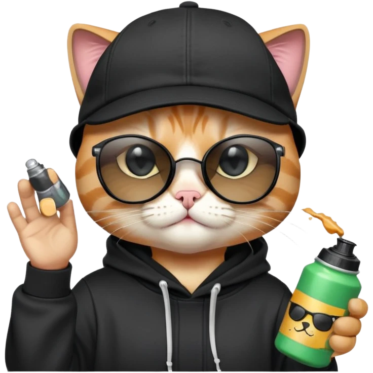 cat with one eye CLOSED in a CLEAR WINK, wearing black snapback cap and black hoodie, black sunglasses tilted low on nose, looking over the top of sunglasses at viewer with other eye open, holding spray paint can emoji