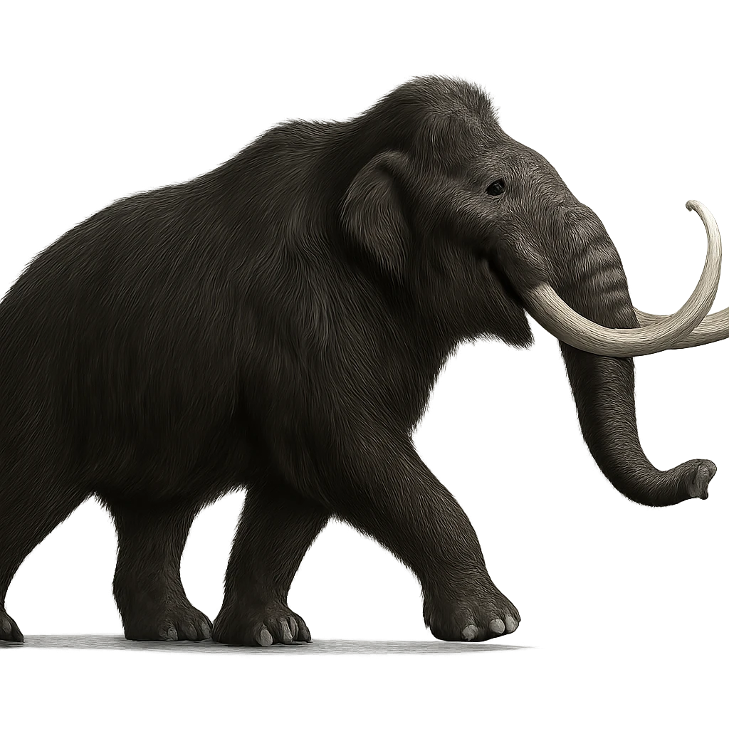 profile side view of a happy wooly mammoth with black fur and two white tusks, walking, realistic style, no background emoji