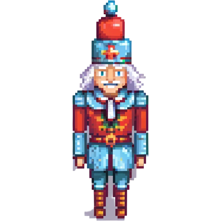 profile picture of a nutcracker toy, minimalist human, pixel-inspired style, white hair, visible teeth, classic nutcracker hat emoji