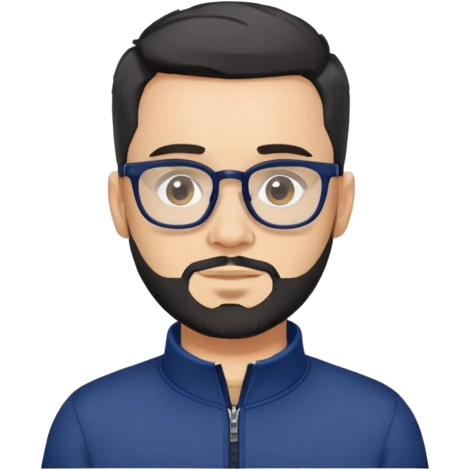 Light-skinned male with short black hair styled up, gray short beard, black-framed glasses, navy blue zip-collar sports long sleeve shirt emoji